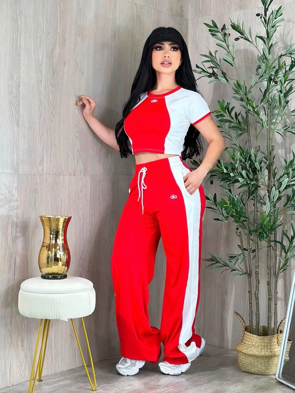 Red and White Cropped Tee & Track Pants Set